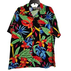 VTG Toucan Dance Fast Lane Clothing Hawaiian Shirt M Tropical Floral Black